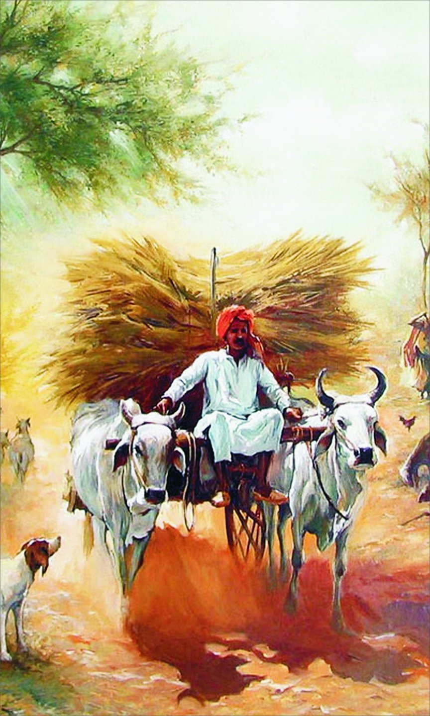 Clickon Vintage Indian Village Farmer Painting, Framed Poster